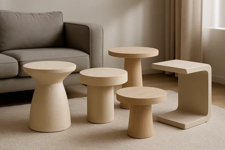 Verschillende stijlen en ontwerpen van beige bijzettafels